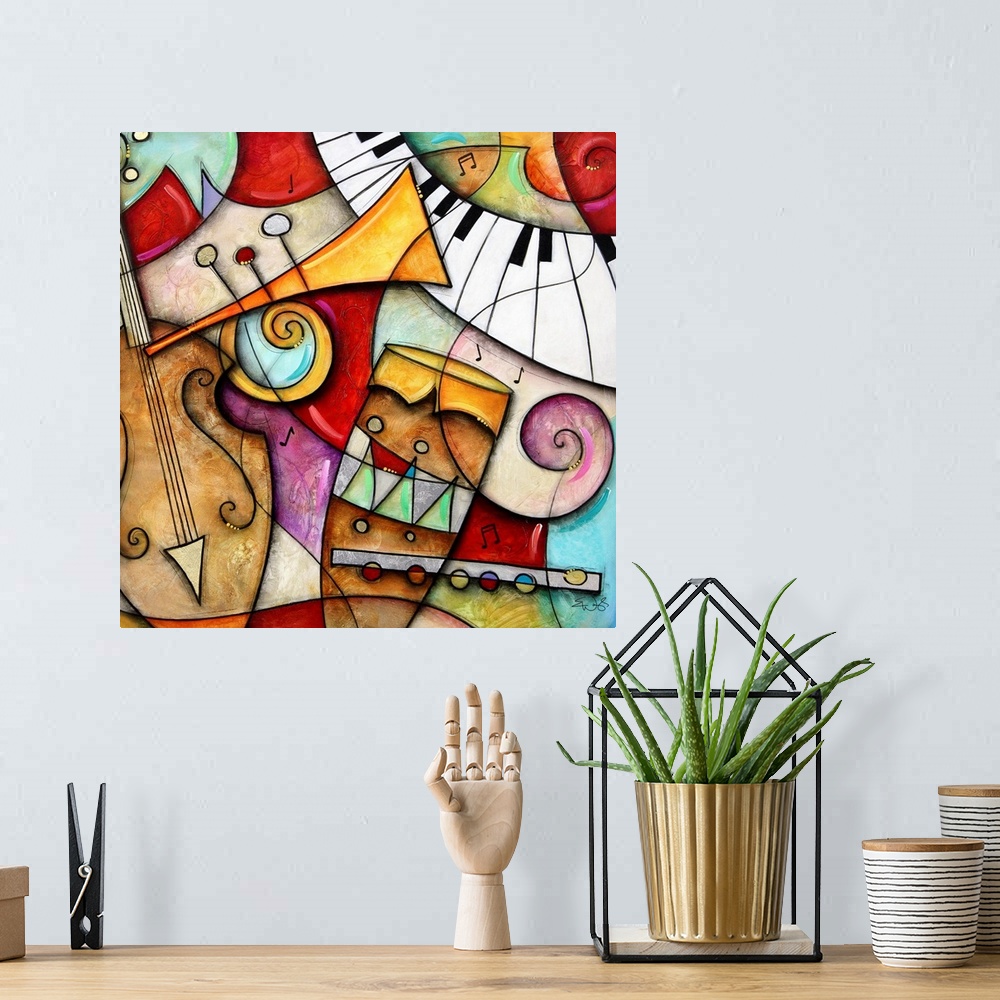 A bohemian room featuring Musical instruments that have been elongated and abstracted into a contemporary painting on a squ...
