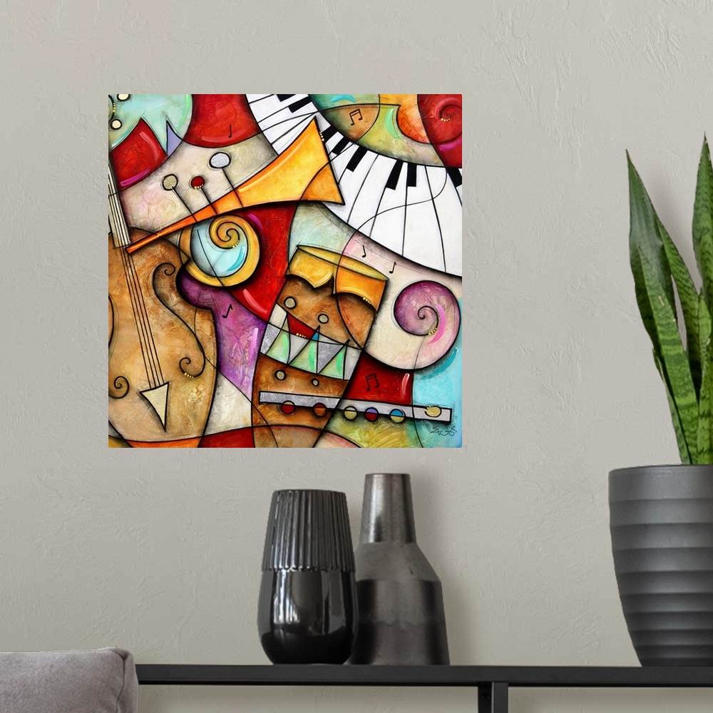 A modern room featuring Musical instruments that have been elongated and abstracted into a contemporary painting on a squ...