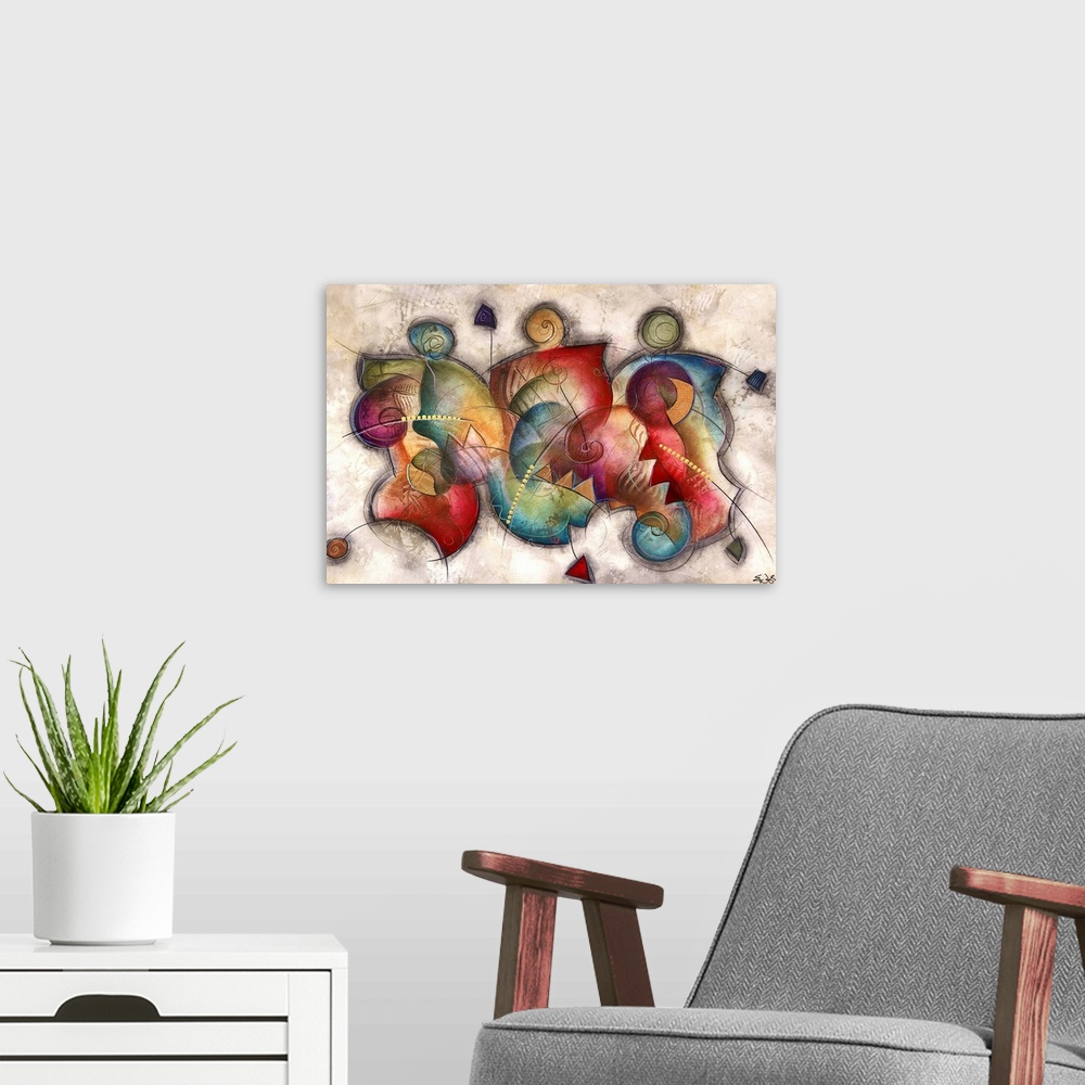 A modern room featuring Large, horizontal artwork for a living room or office of three abstract, human figures composed o...