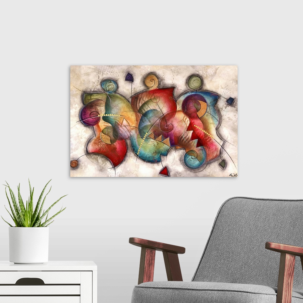 A modern room featuring Large, horizontal artwork for a living room or office of three abstract, human figures composed o...
