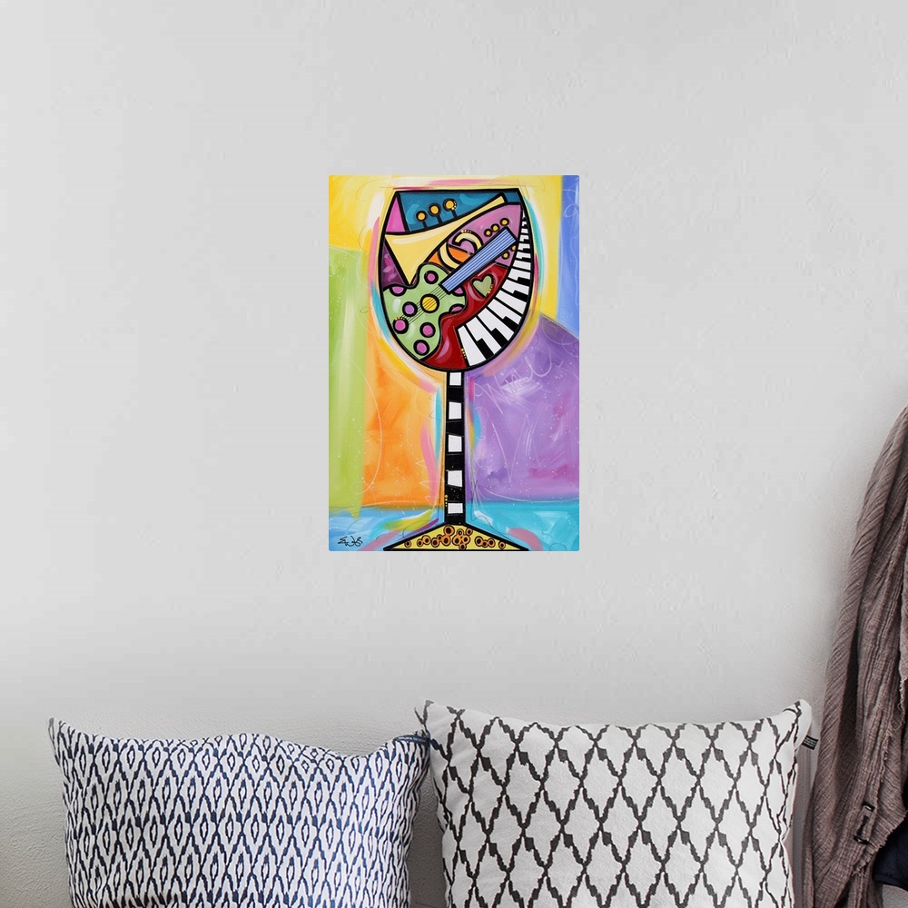 A bohemian room featuring Giant, vertical contemporary painting of a large wine glass full of colorful shapes and musical i...