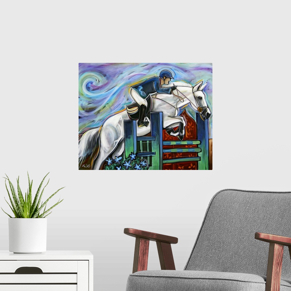 A modern room featuring Contemporary painting of a rider jumping a white horse over a green fence.