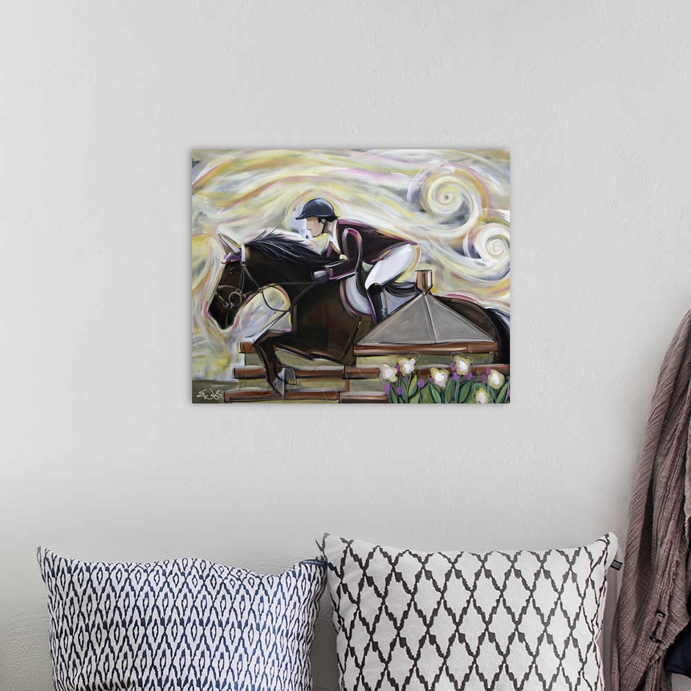A bohemian room featuring Contemporary painting of a rider jumping a black horse over a decorative hurdle.