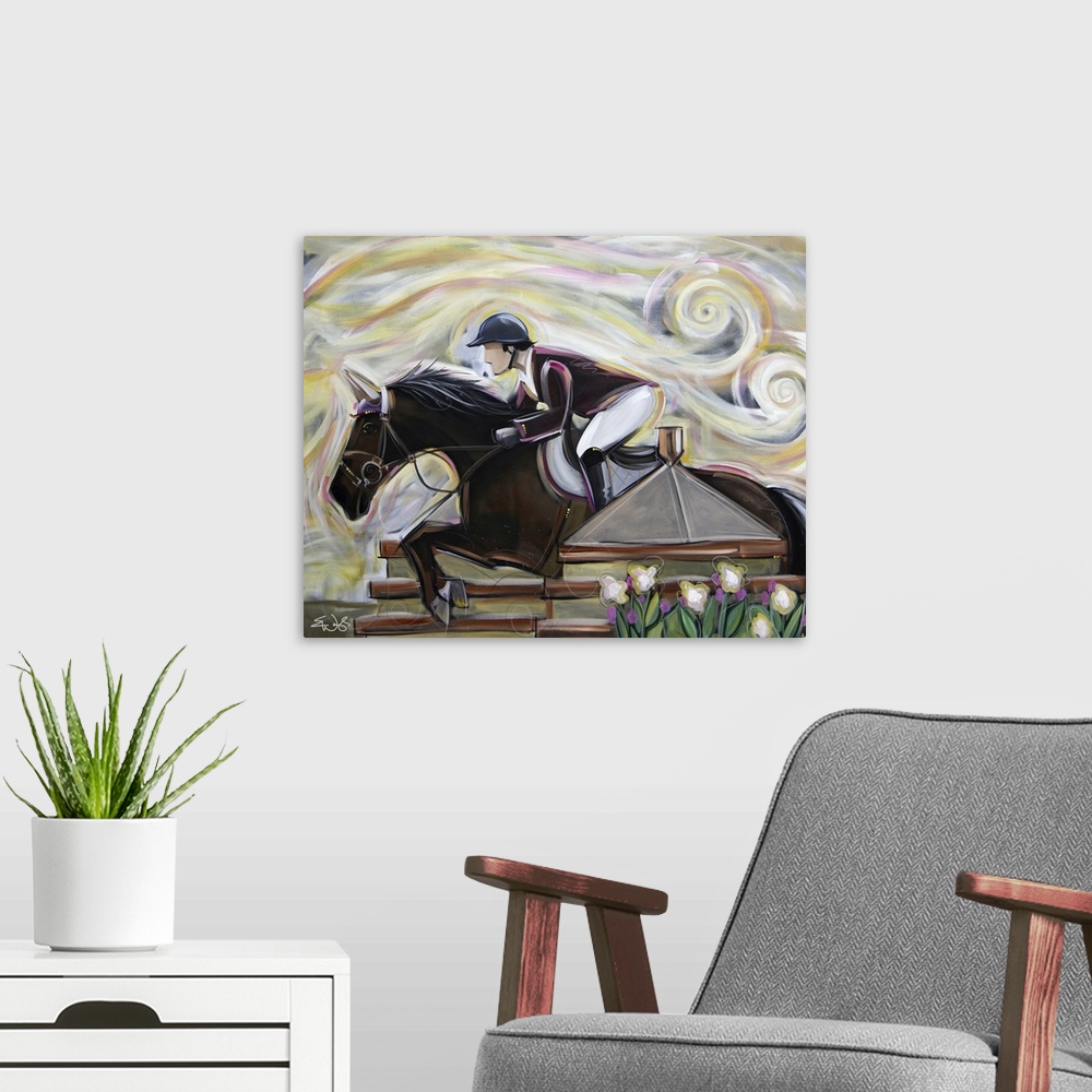 A modern room featuring Contemporary painting of a rider jumping a black horse over a decorative hurdle.