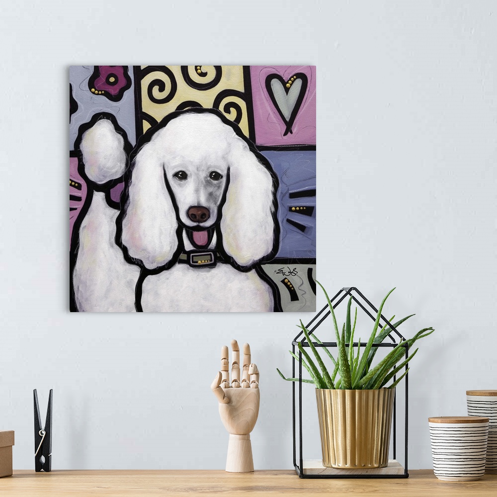A bohemian room featuring Pop art style painting of a white Standard Poodle dog.