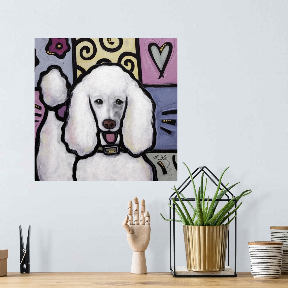 A bohemian room featuring Pop art style painting of a white Standard Poodle dog.