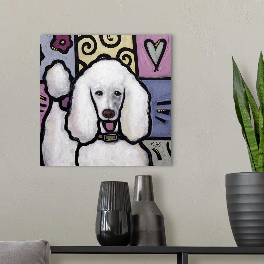 A modern room featuring Pop art style painting of a white Standard Poodle dog.