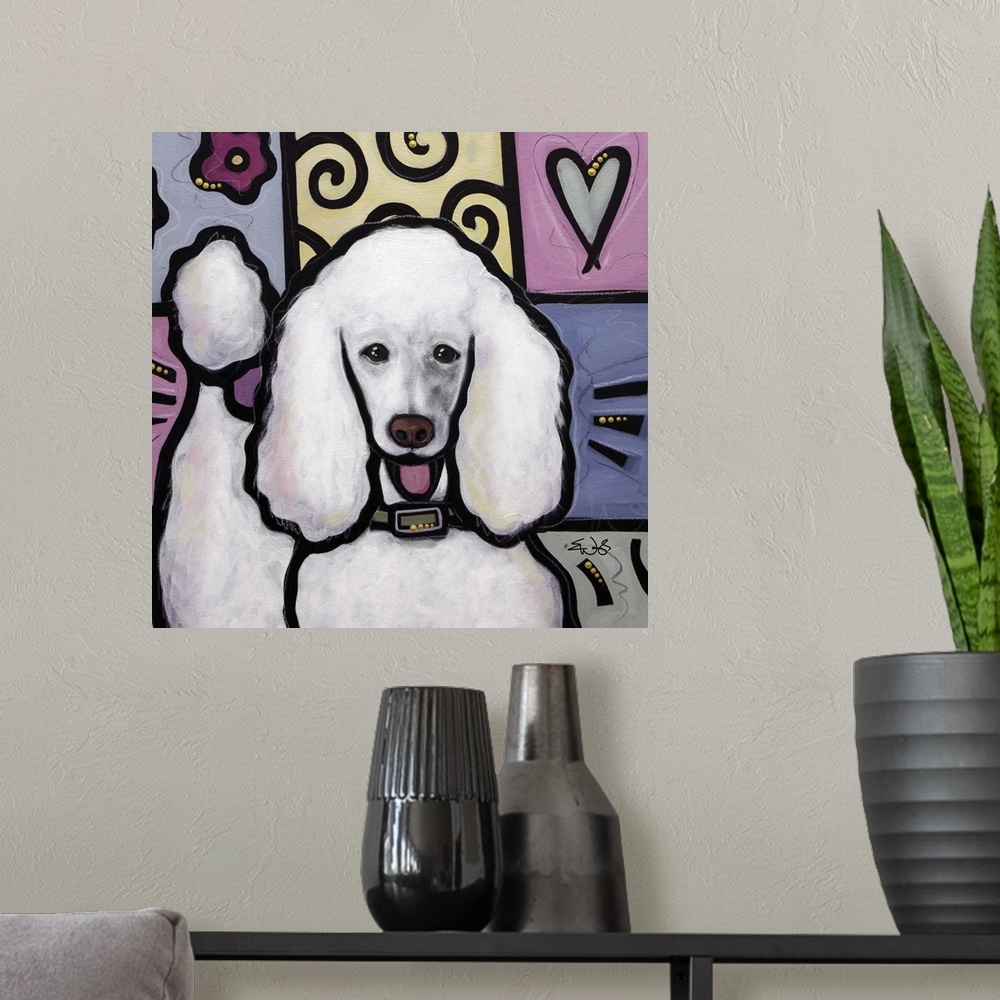 A modern room featuring Pop art style painting of a white Standard Poodle dog.