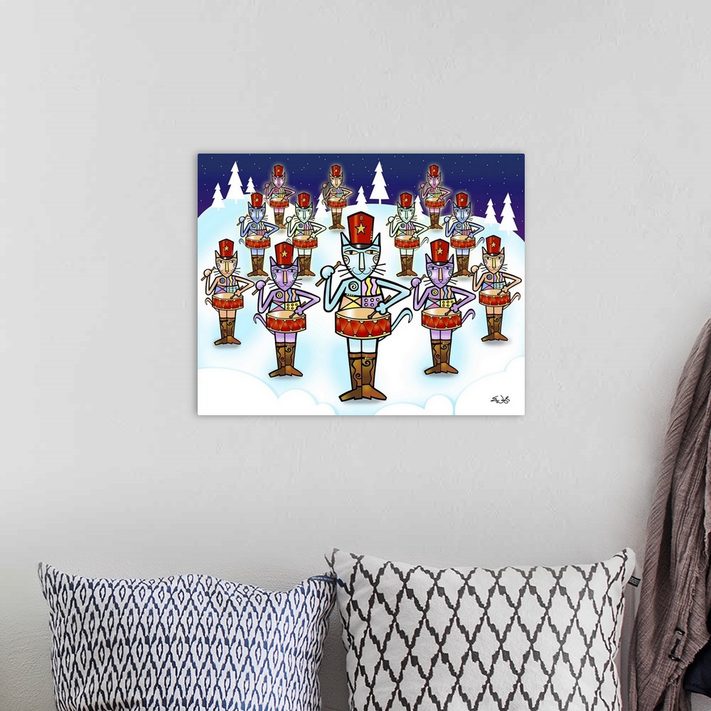 A bohemian room featuring Twelve percussion-playing felines in matching outfits and cowboy boots stand in formation on a sn...