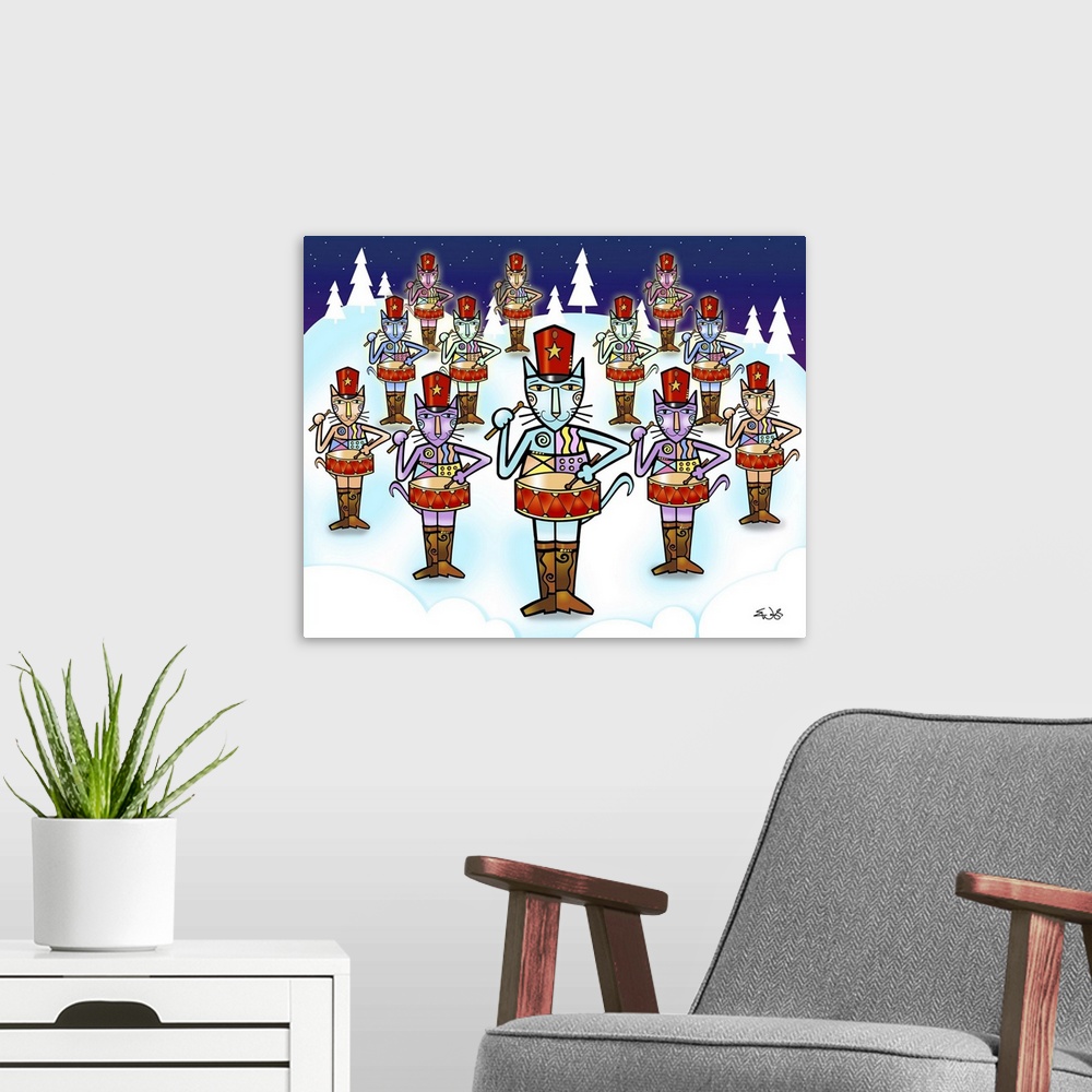 A modern room featuring Twelve percussion-playing felines in matching outfits and cowboy boots stand in formation on a sn...