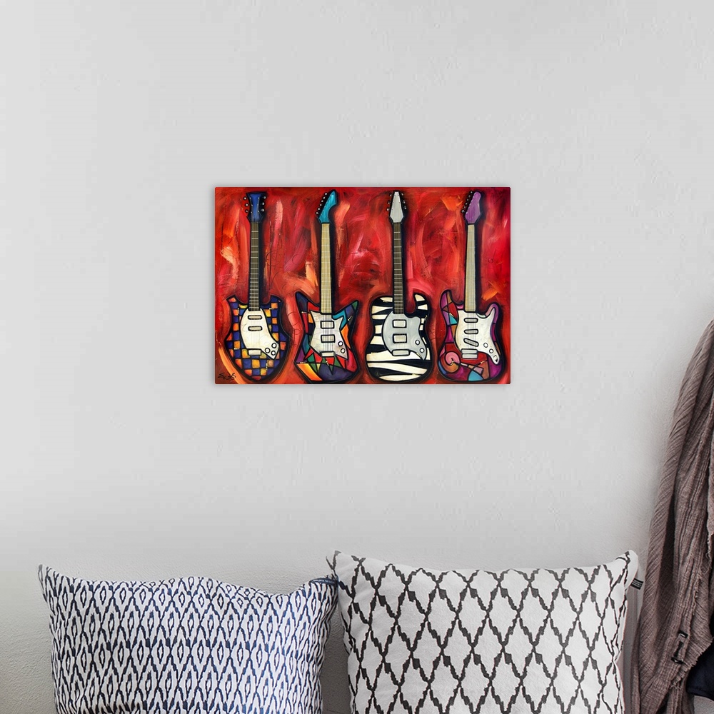A bohemian room featuring This contemporary artwork has four different types of guitars lined up all with unique designs on...