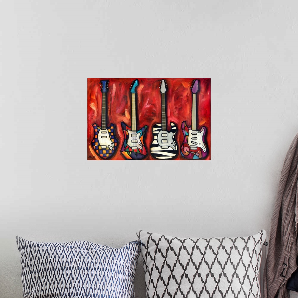A bohemian room featuring This contemporary artwork has four different types of guitars lined up all with unique designs on...