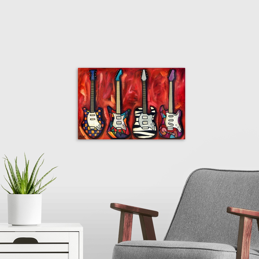 A modern room featuring This contemporary artwork has four different types of guitars lined up all with unique designs on...