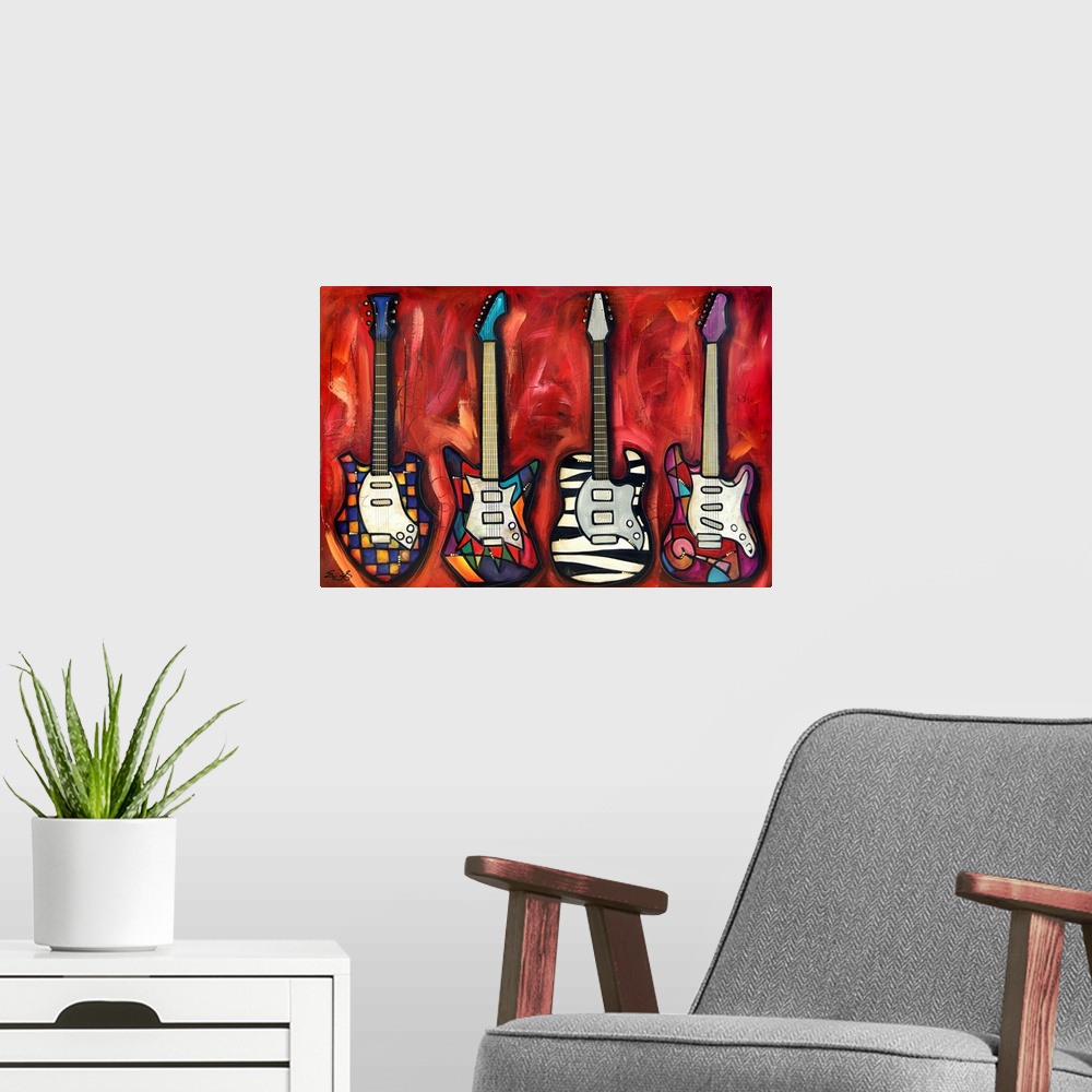 A modern room featuring This contemporary artwork has four different types of guitars lined up all with unique designs on...