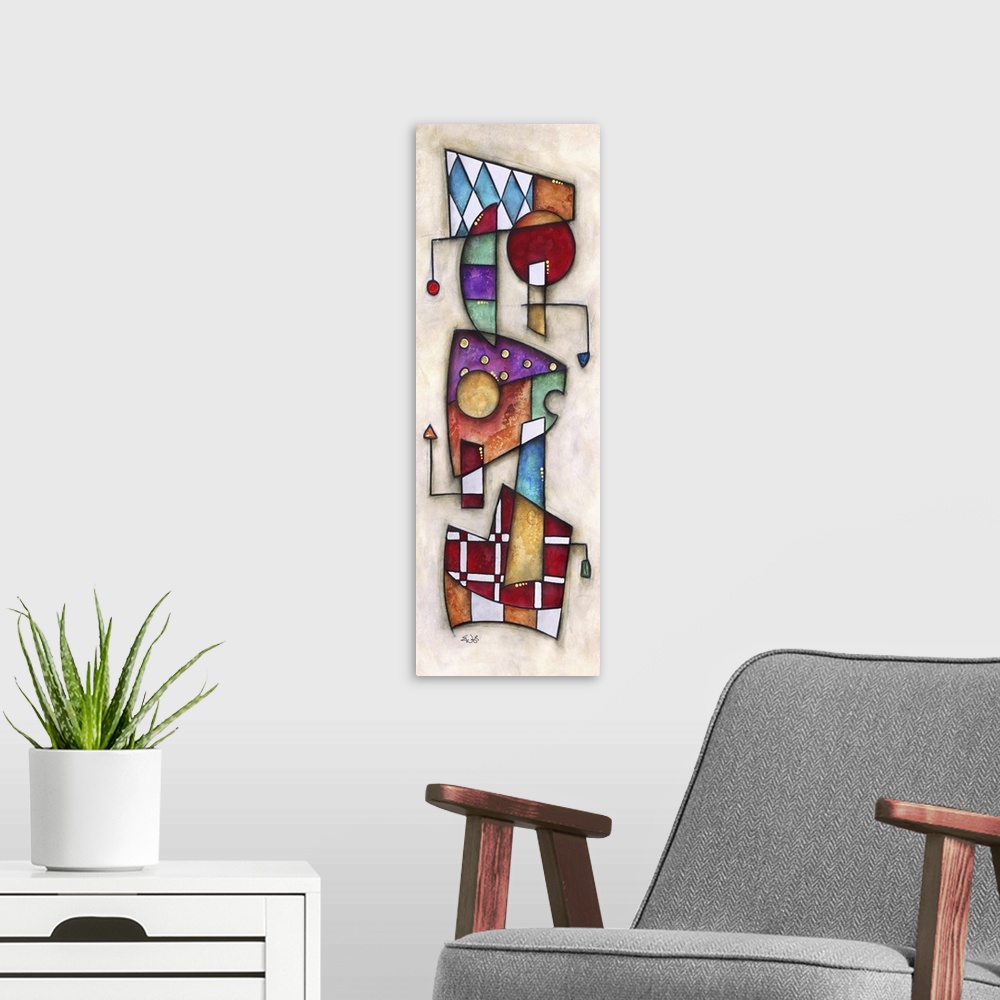 A modern room featuring Various shapes with different designs are stacked up on each other in this tall vertical piece.