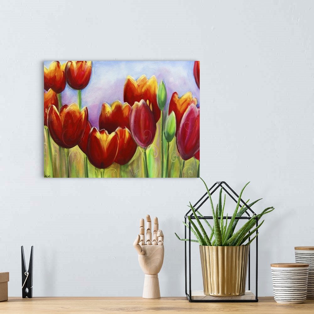 A bohemian room featuring Tulips in bloom