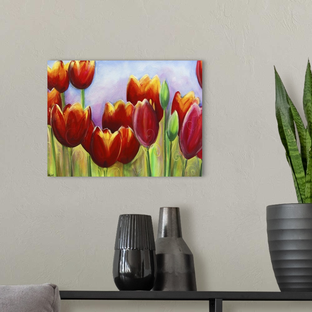 A modern room featuring Tulips in bloom
