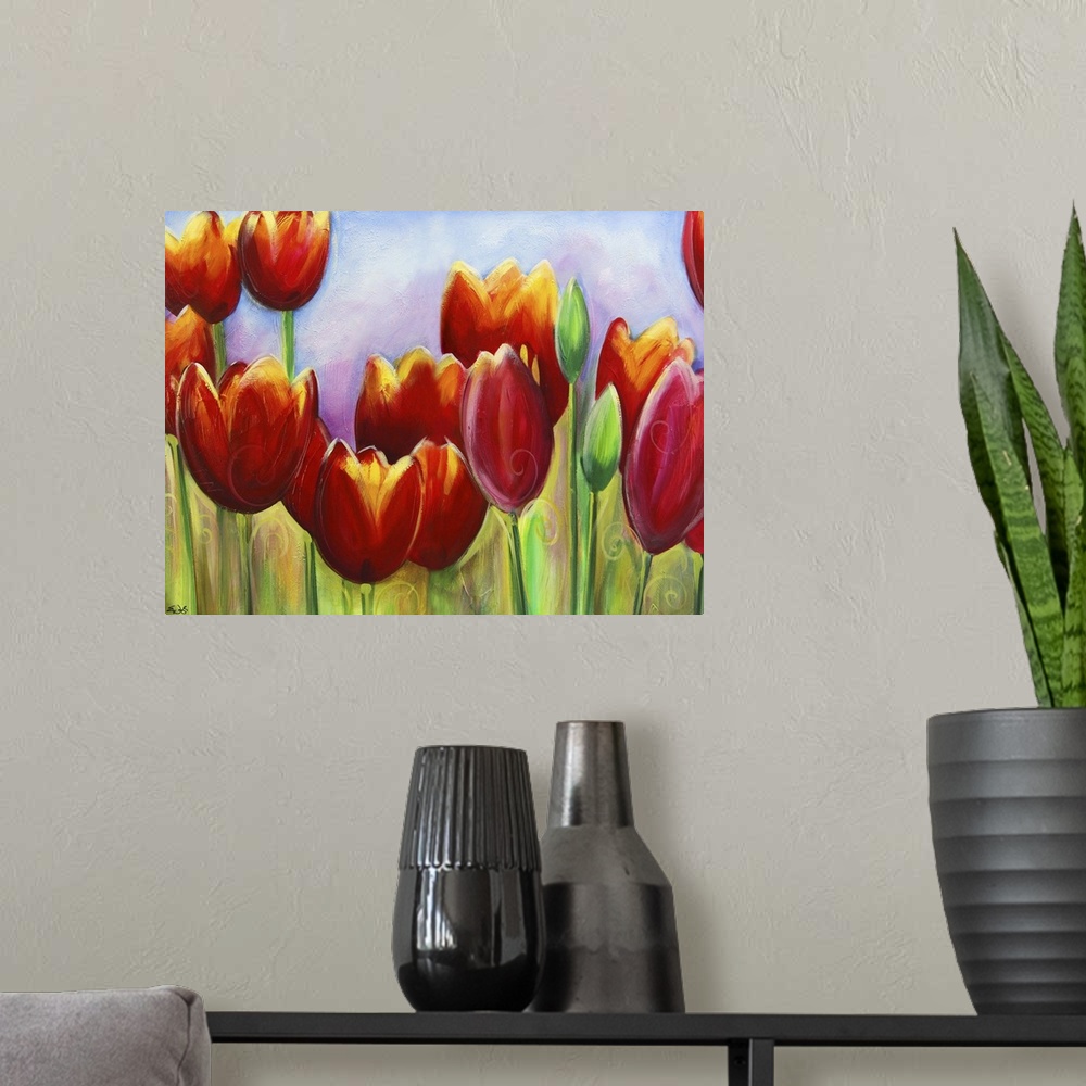 A modern room featuring Tulips in bloom