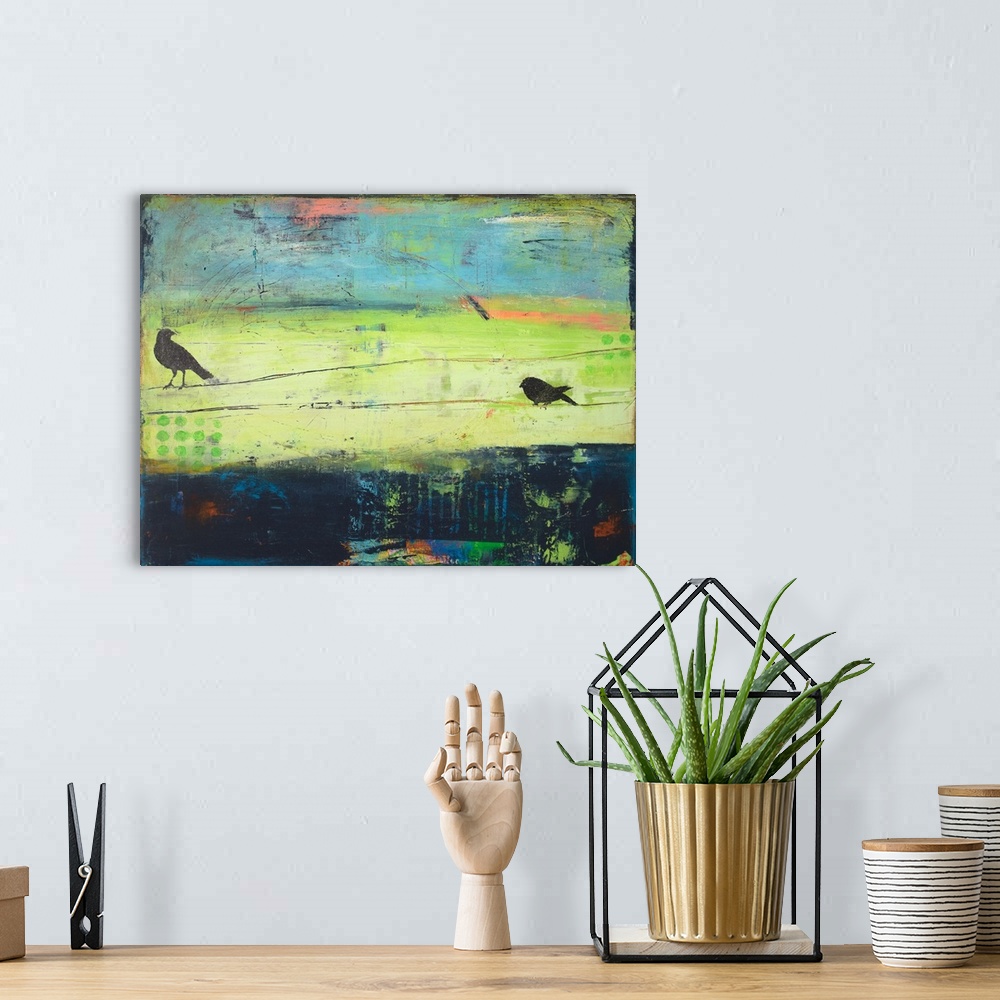 A bohemian room featuring Abstract painting in green, blue, pink, and orange with two horizontal lines scratched through th...