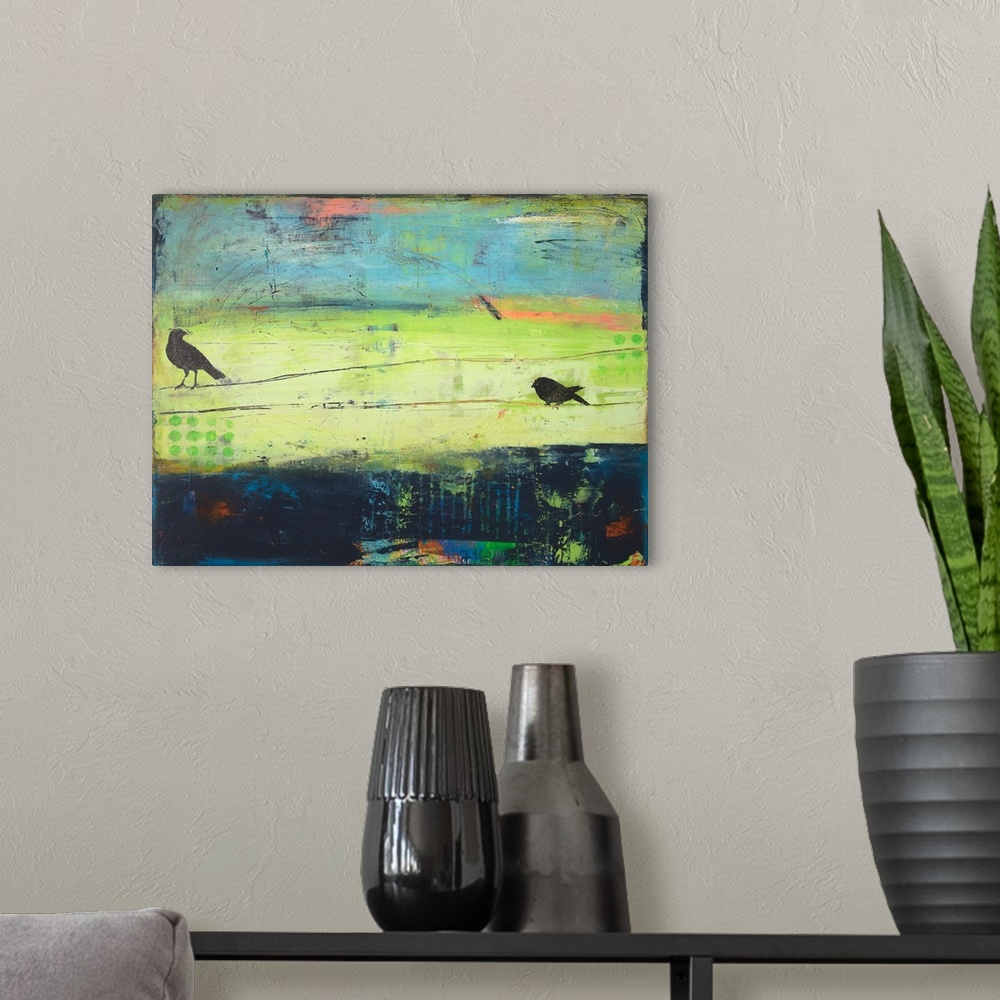 A modern room featuring Abstract painting in green, blue, pink, and orange with two horizontal lines scratched through th...