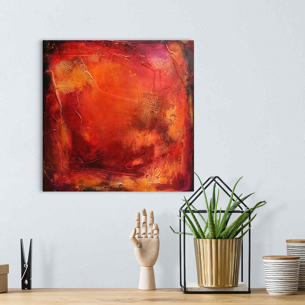A bohemian room featuring A square contemporary abstract painting full of texture and dimension from the palette knife with...