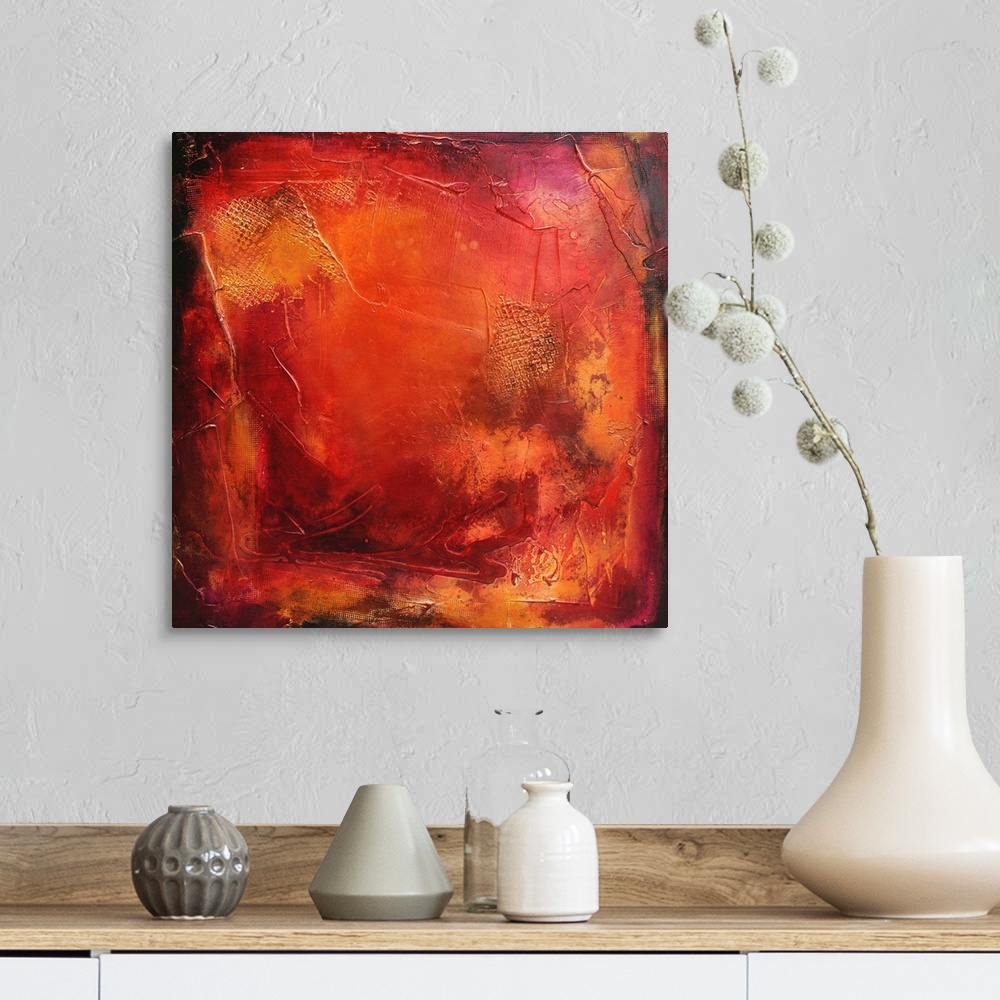 A farmhouse room featuring A square contemporary abstract painting full of texture and dimension from the palette knife with...