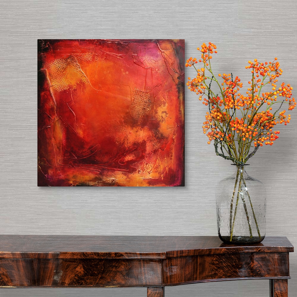 A traditional room featuring A square contemporary abstract painting full of texture and dimension from the palette knife with...