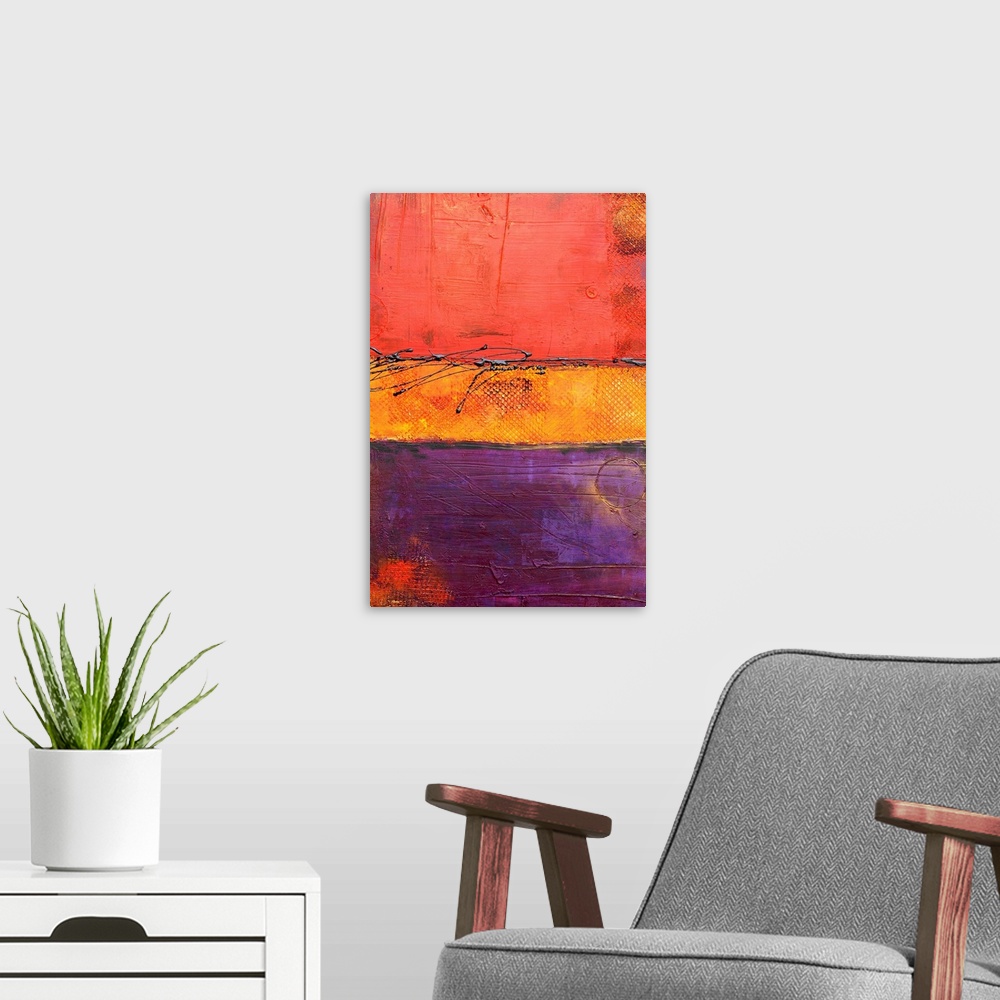 A modern room featuring Contemporary abstract painting from Erin Ashley featuring color streaks and rough lines.