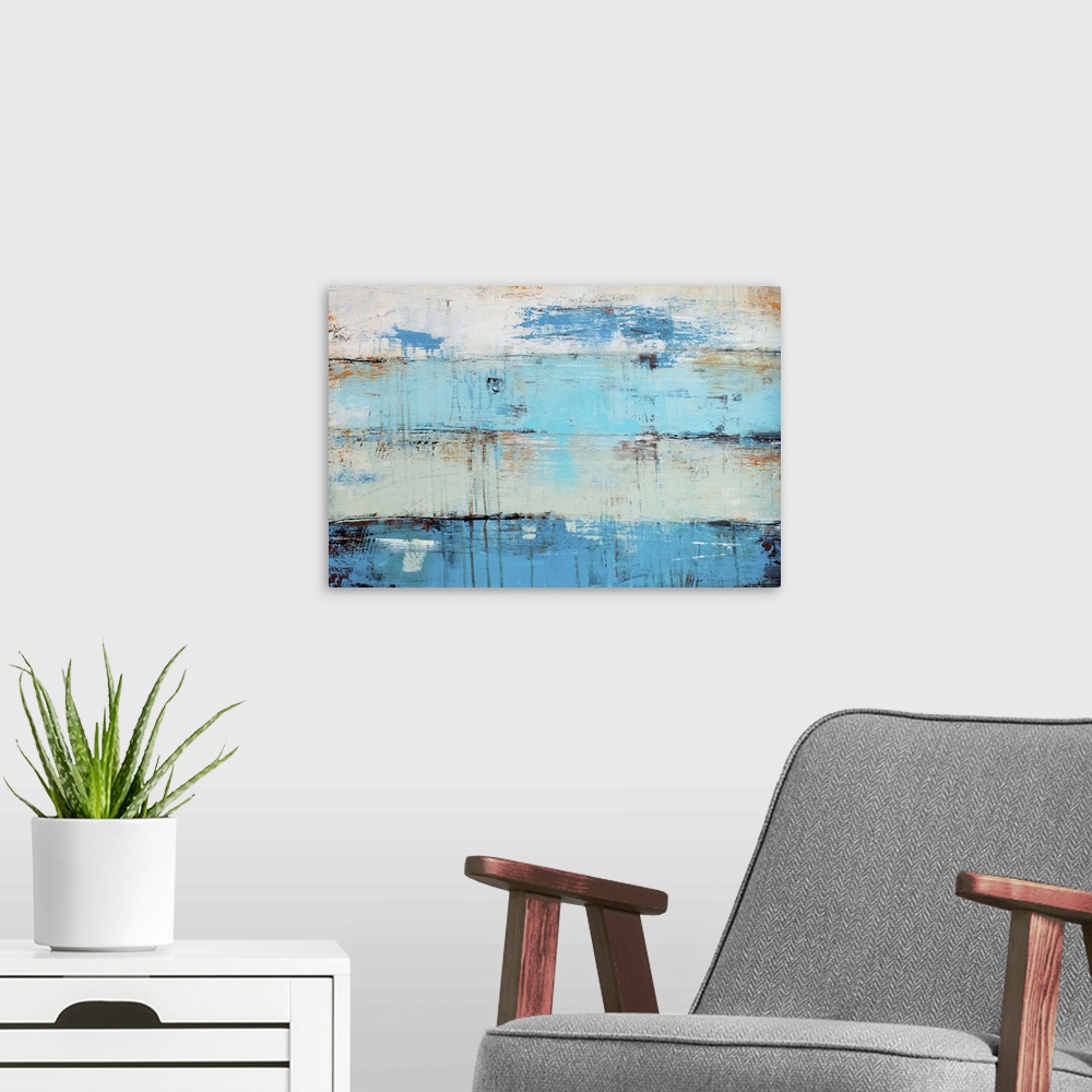 A modern room featuring A contemporary abstract painting of horizontal panels with cool, blue, hues.  The wood-like backg...
