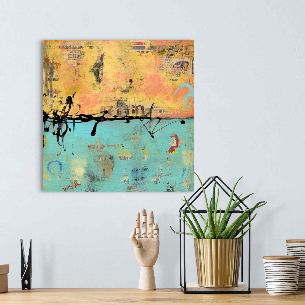 A bohemian room featuring Contemporary abstract painting in orange and teal with dark paint splatters.