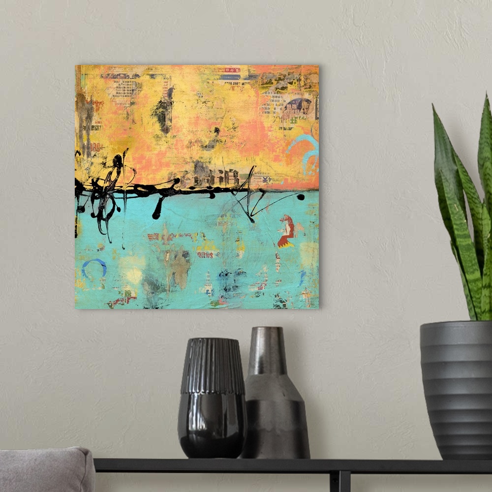 A modern room featuring Contemporary abstract painting in orange and teal with dark paint splatters.