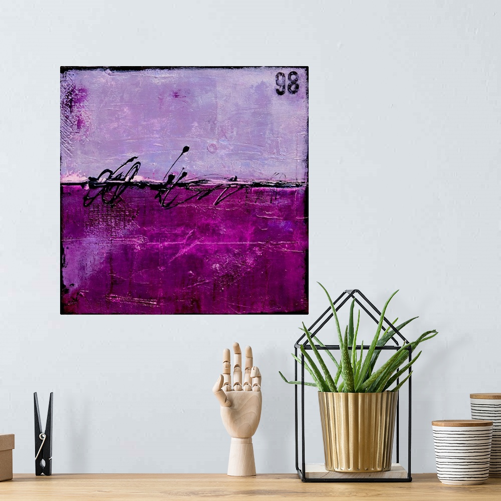 A bohemian room featuring Abstract painting with a bright purple and lavendar splitting the painting in half with a thin, b...