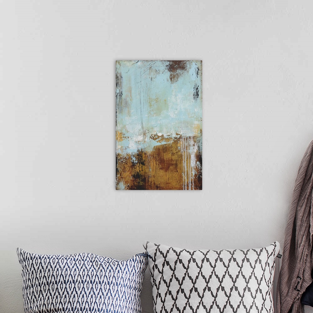 A bohemian room featuring A heavily textured abstract painting of a pale blue and earthy brown colors with pallet creases a...