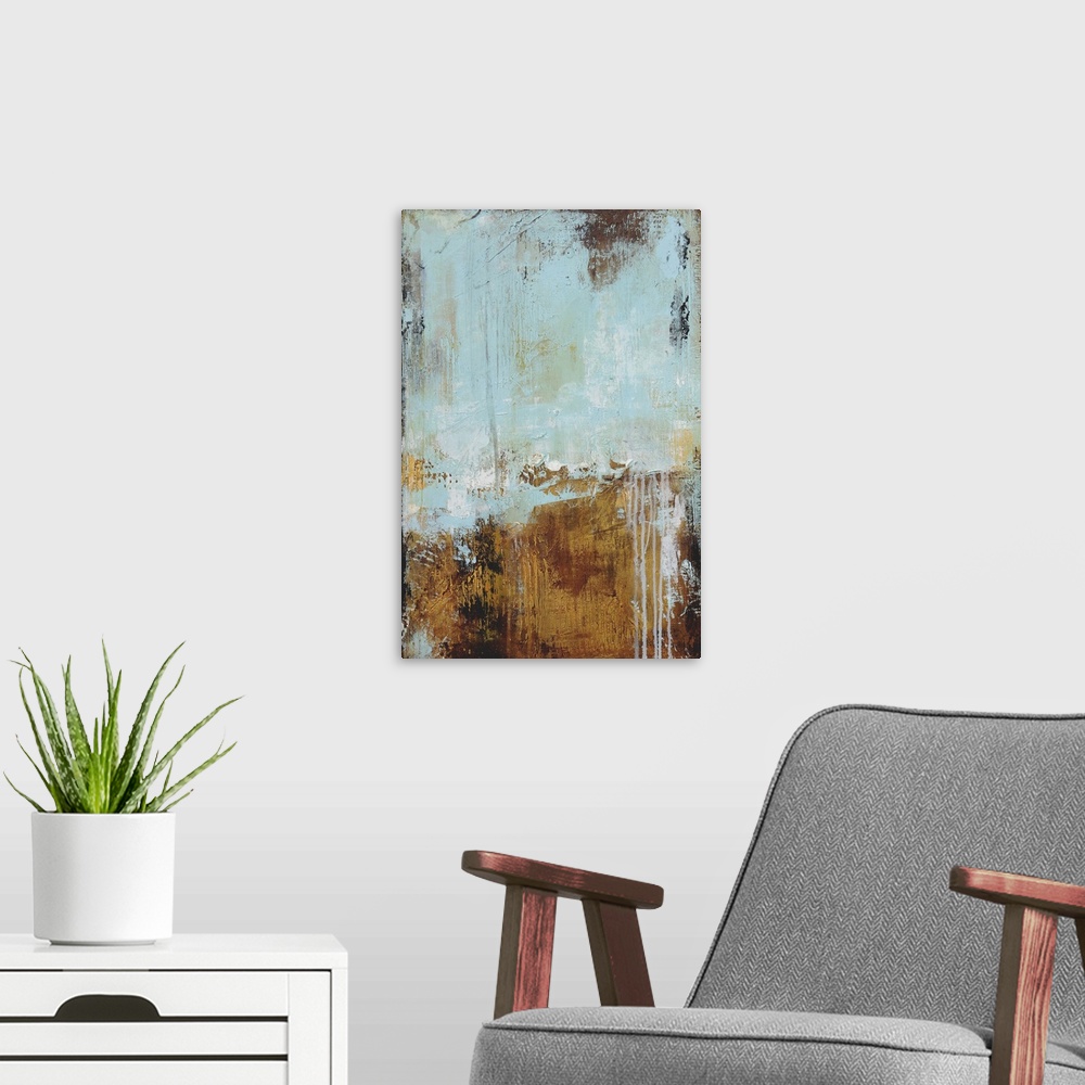 A modern room featuring A heavily textured abstract painting of a pale blue and earthy brown colors with pallet creases a...
