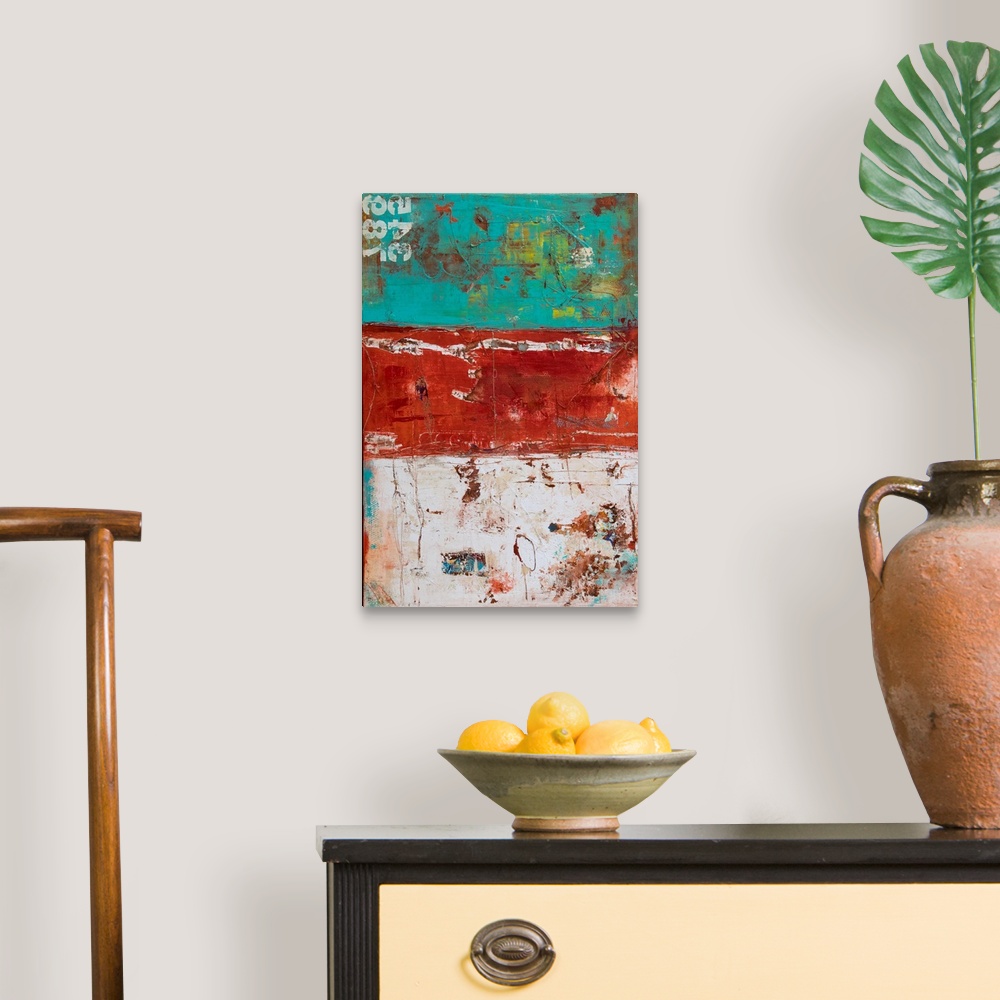 A traditional room featuring Textured abstract painting in layered sections of teal, red, and white with pops of yellow on top...
