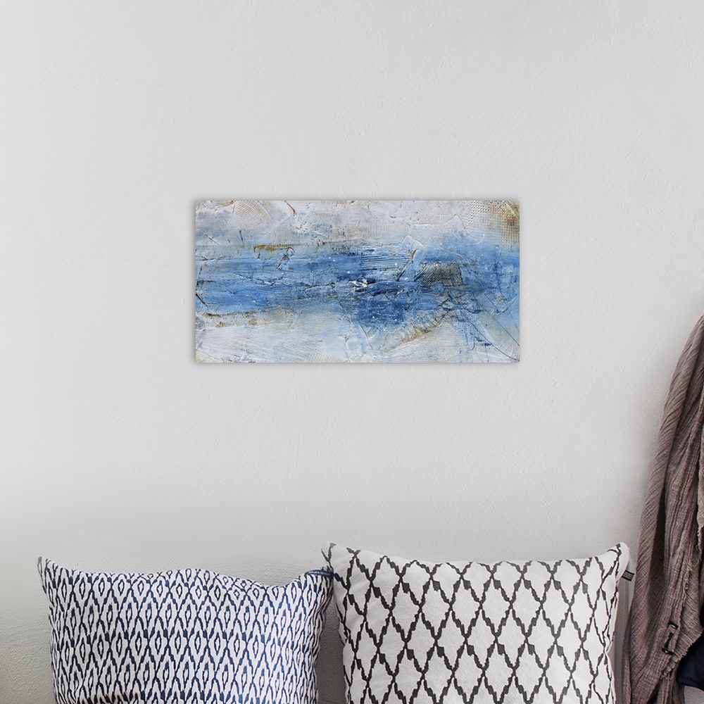 A bohemian room featuring Contemporary abstract painting using blue and light blue.