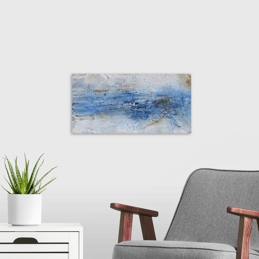 A modern room featuring Contemporary abstract painting using blue and light blue.