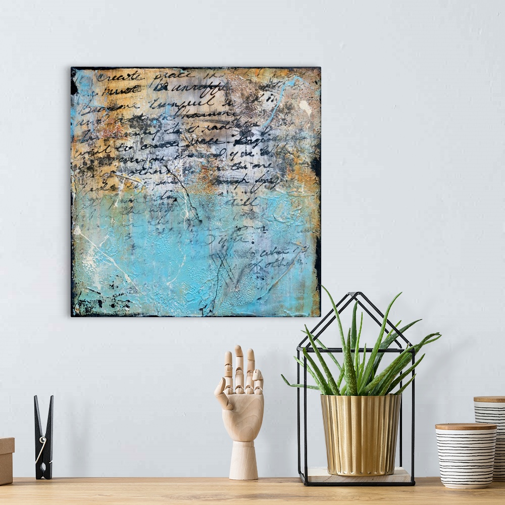 A bohemian room featuring A square contemporary abstract painting with black handwritten script that has an overlay of ligh...