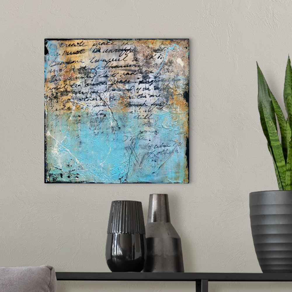 A modern room featuring A square contemporary abstract painting with black handwritten script that has an overlay of ligh...