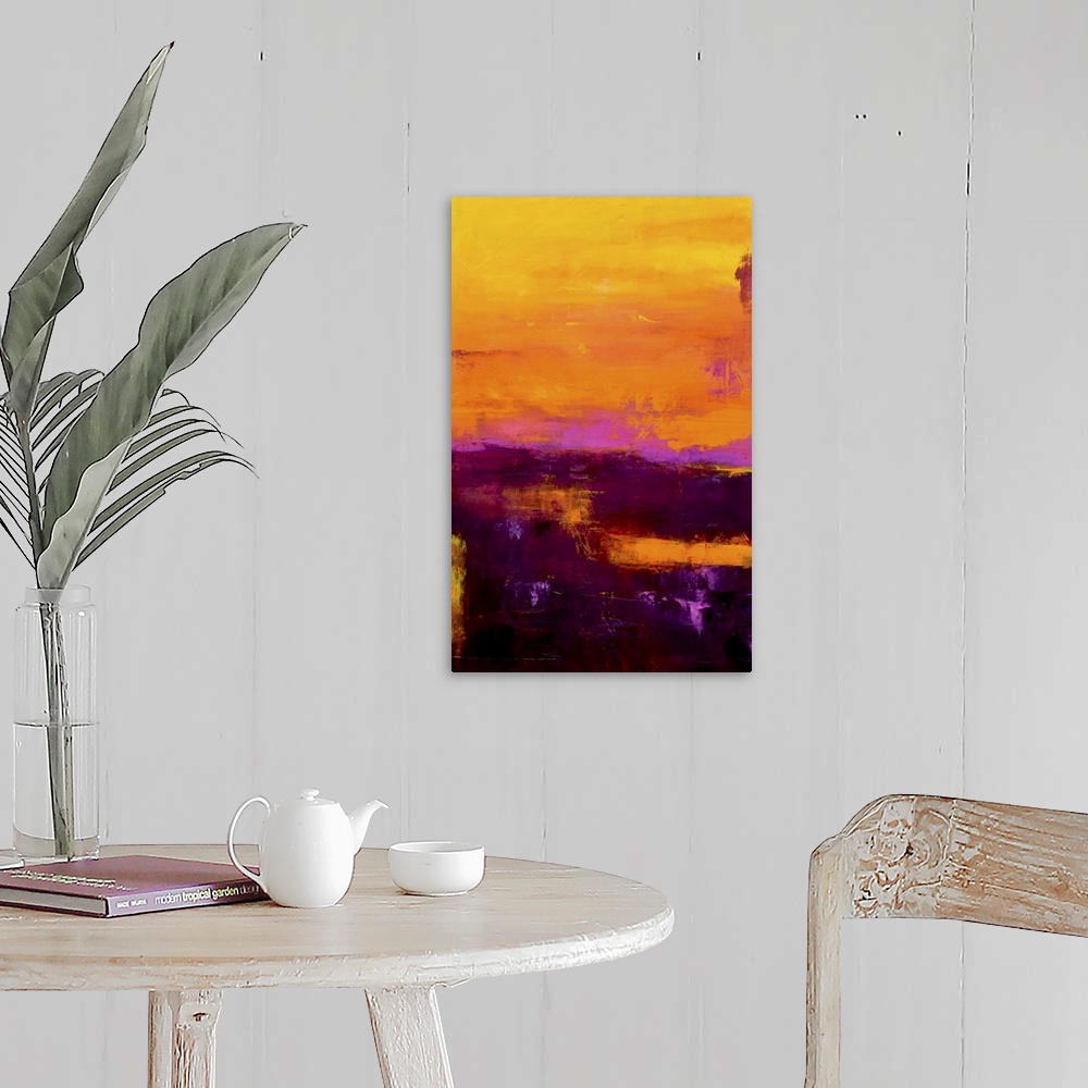 A farmhouse room featuring Contemporary color field style painting using vivid colors of sunrise.