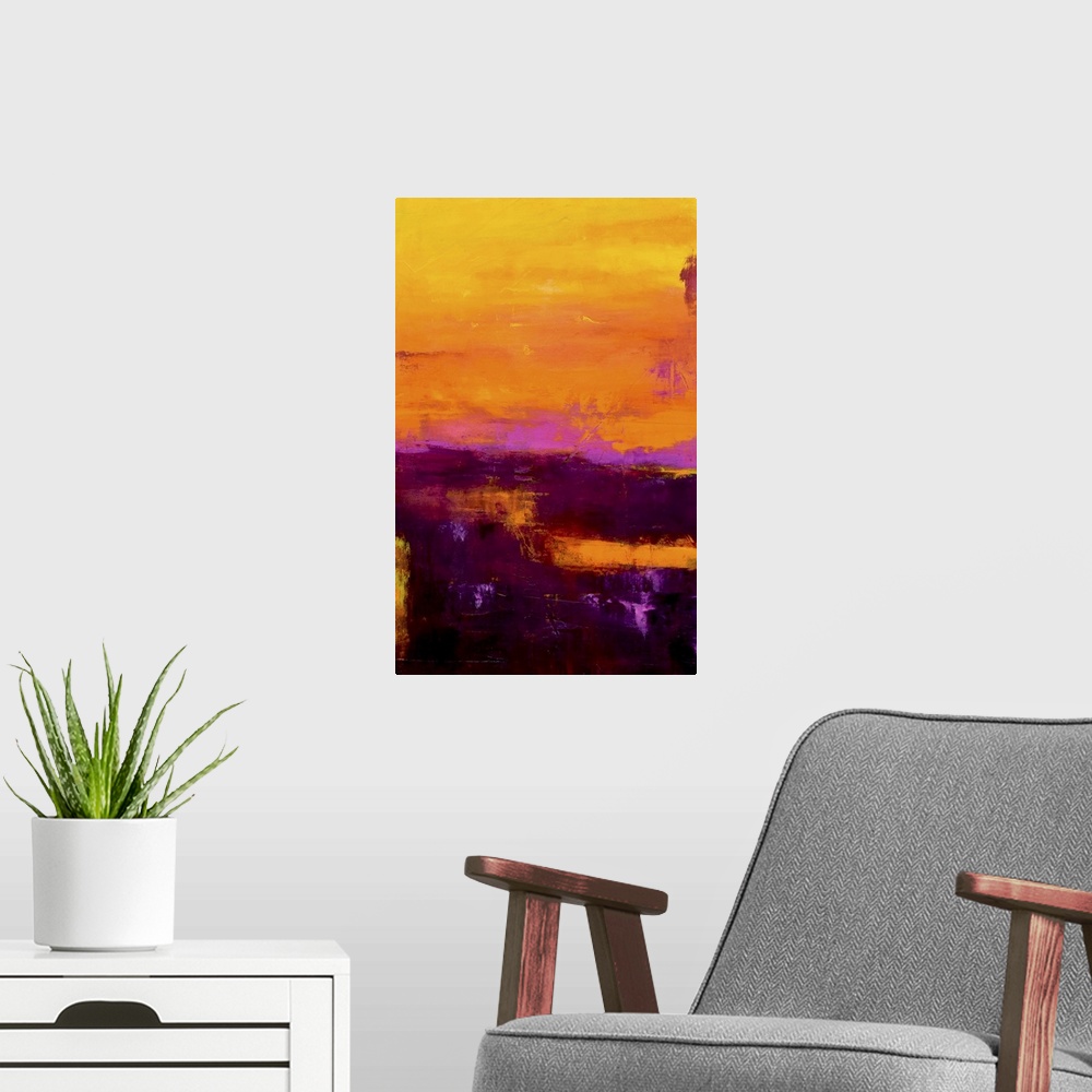 A modern room featuring Contemporary color field style painting using vivid colors of sunrise.