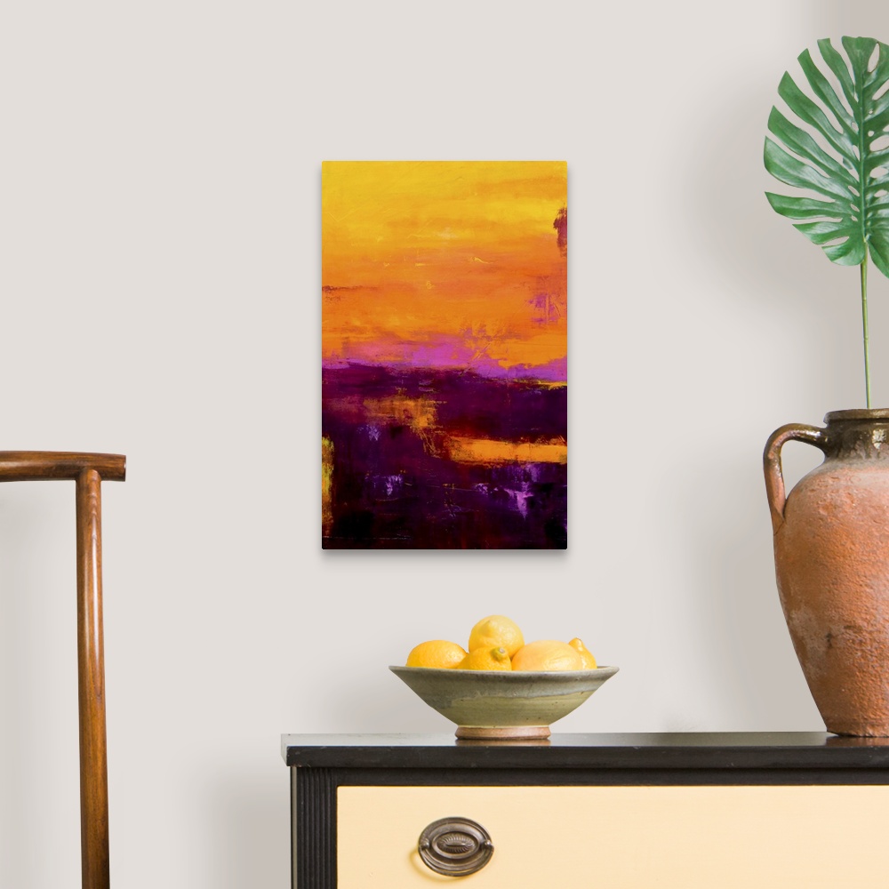 A traditional room featuring Contemporary color field style painting using vivid colors of sunrise.