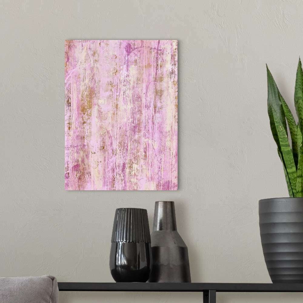 A modern room featuring Contemporary abstract painting of a color-field of weathered soft pink.