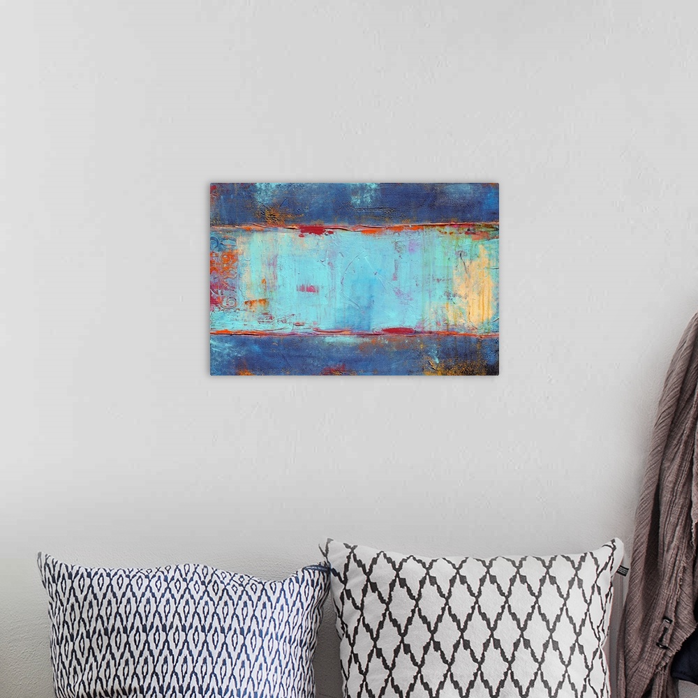 A bohemian room featuring Contemporary abstract painting of three horizontal stripes of the same color varying in shade.  T...
