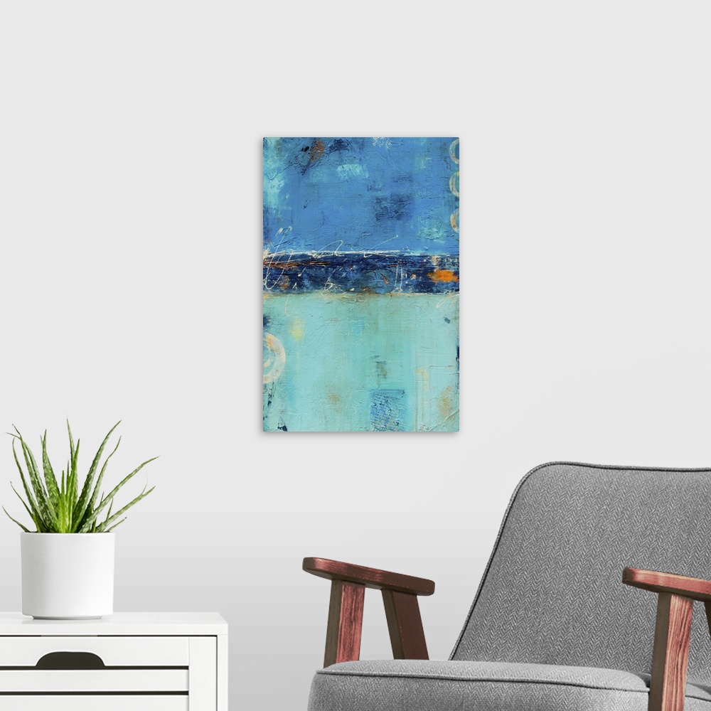 A modern room featuring Contemporary abstract painting in shades of blue and teal, with small ring shapes.