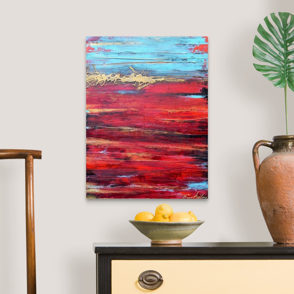 A traditional room featuring Big abstract art portrays an artist's emphasis of contrasting one brightly colored warm tone agai...