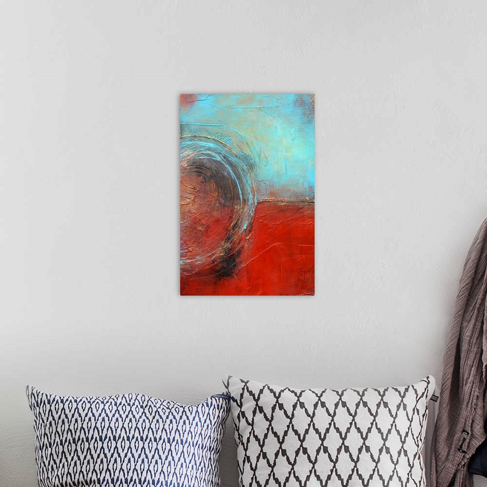 A bohemian room featuring Abstract contemporary painting of two opposing colors separated by a line and joined together by ...