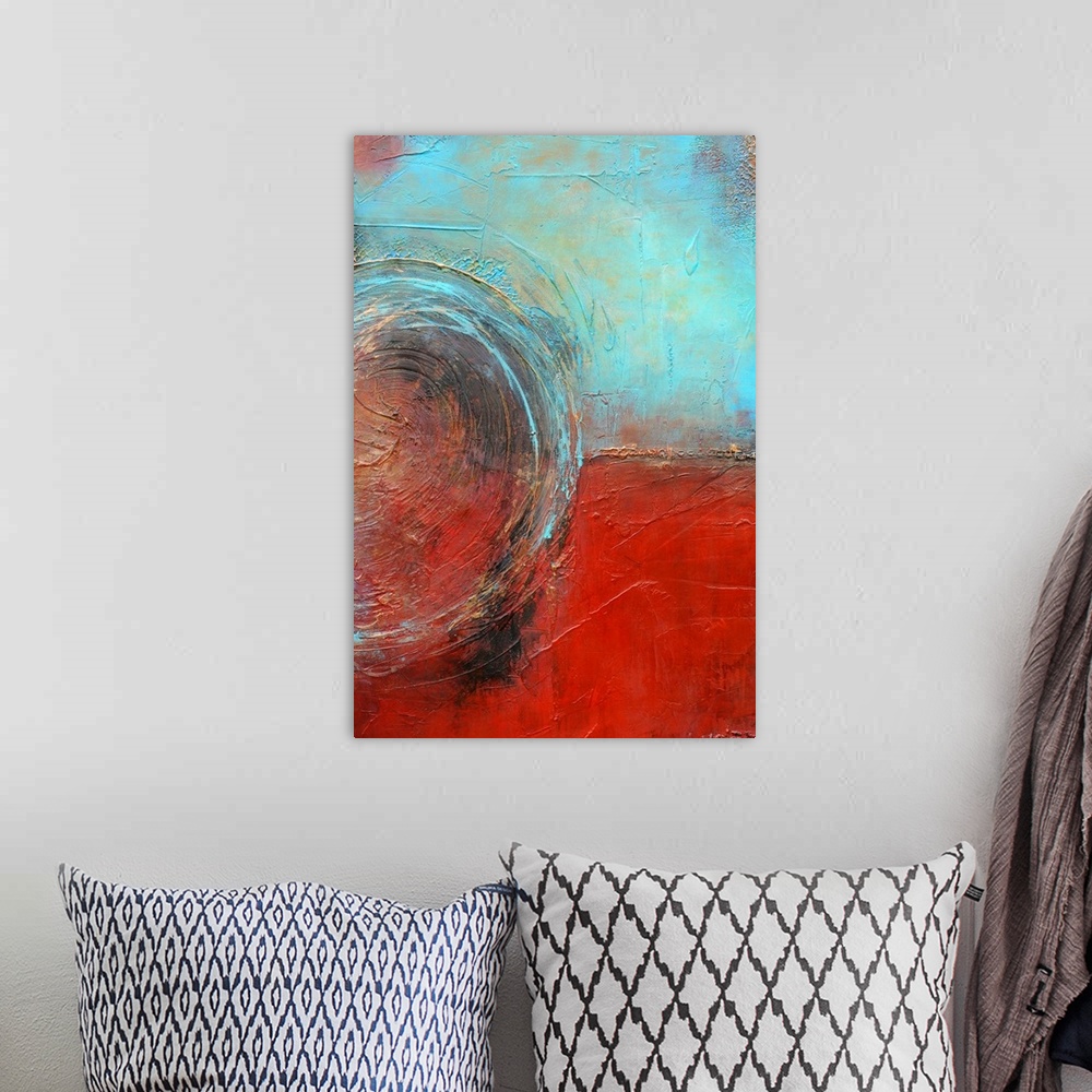 A bohemian room featuring Abstract contemporary painting of two opposing colors separated by a line and joined together by ...