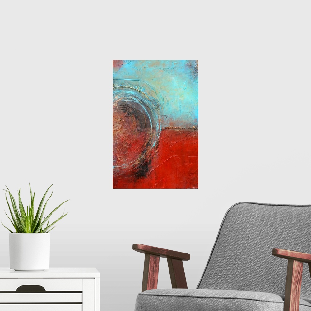 A modern room featuring Abstract contemporary painting of two opposing colors separated by a line and joined together by ...