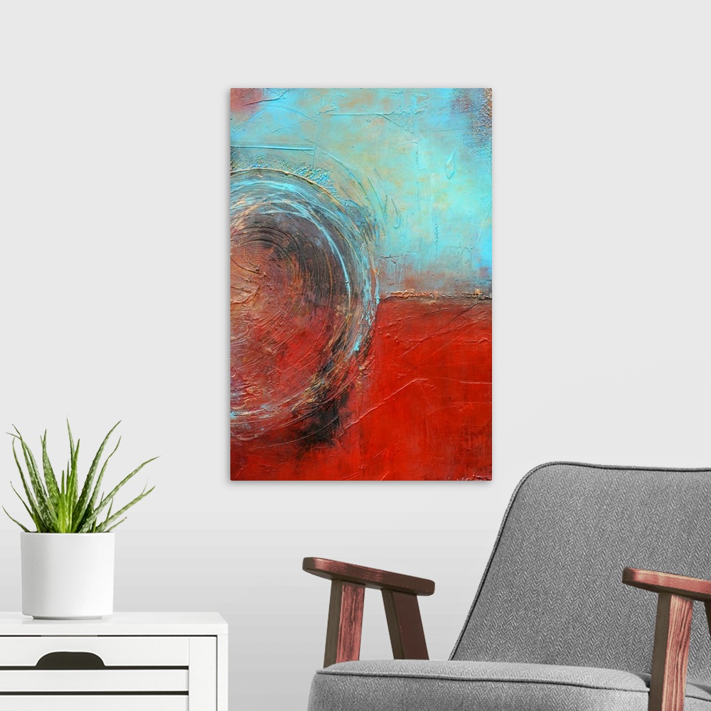 A modern room featuring Abstract contemporary painting of two opposing colors separated by a line and joined together by ...